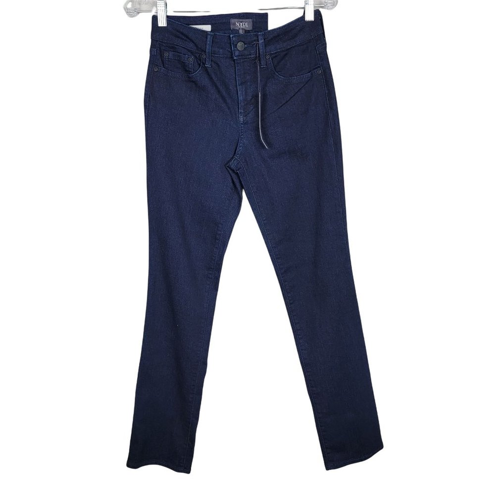 NYDJ Lift Tuck Shri Slim Blue Dark Wash Stretchy Skinny Embroidered Jeans Size 0
